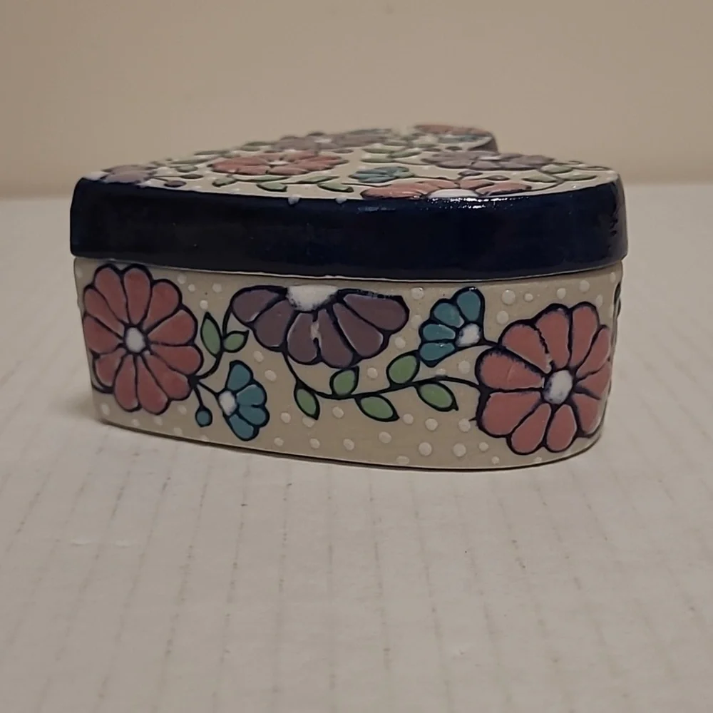 Handmade Mexican Floral Heart Shaped Trinket Box /Stash Box